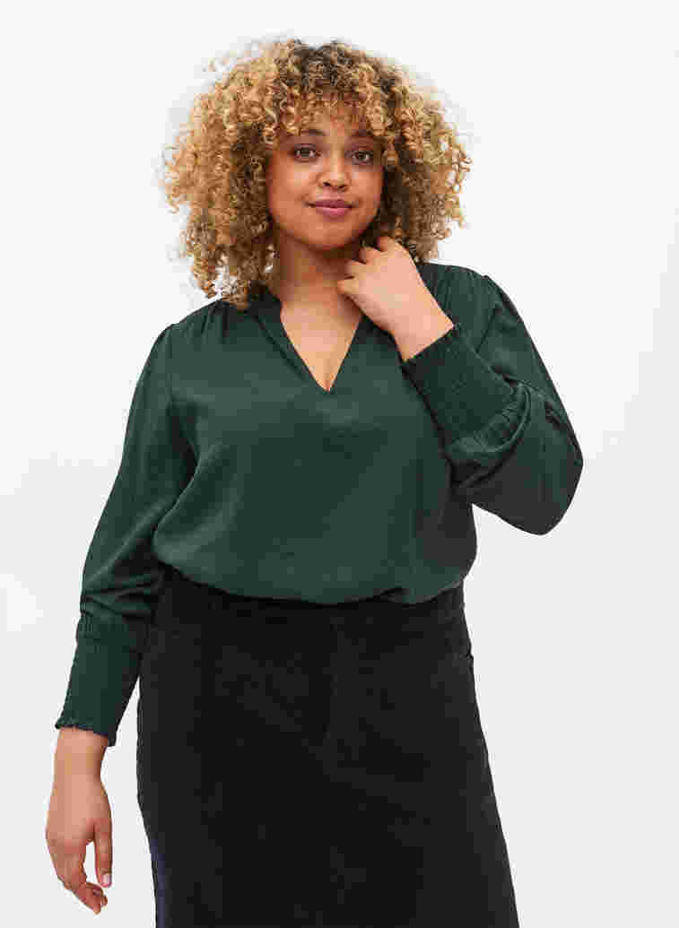 Viscose blouse with long sleeves and smock, Scarab, Model image number 0