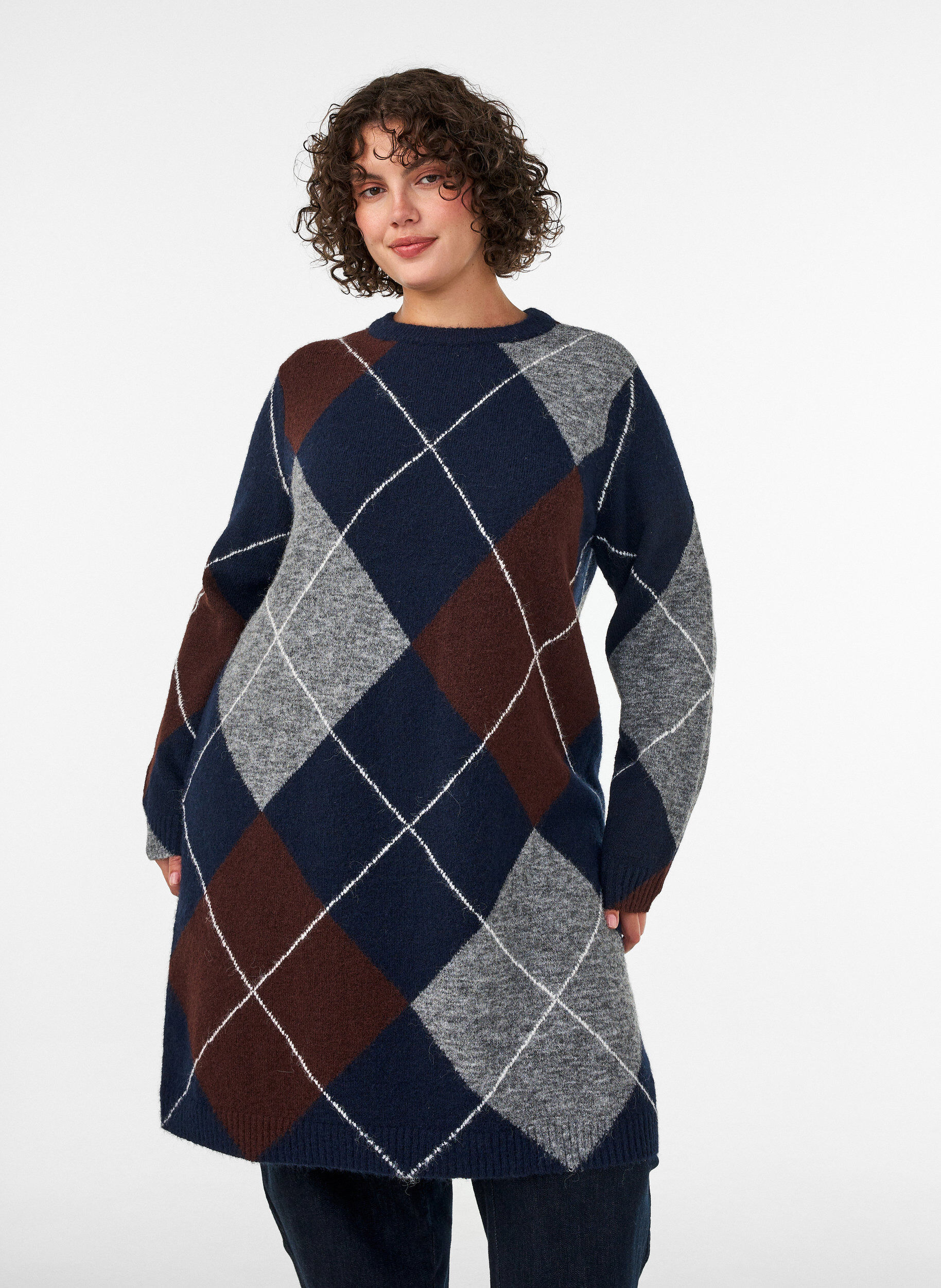 Knitted dress with large check pattern, Blue, Model