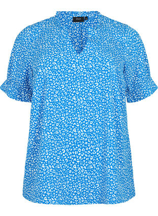 Short-sleeved blouse with print (GRS), Blue Ditsy, Packshot image number 0