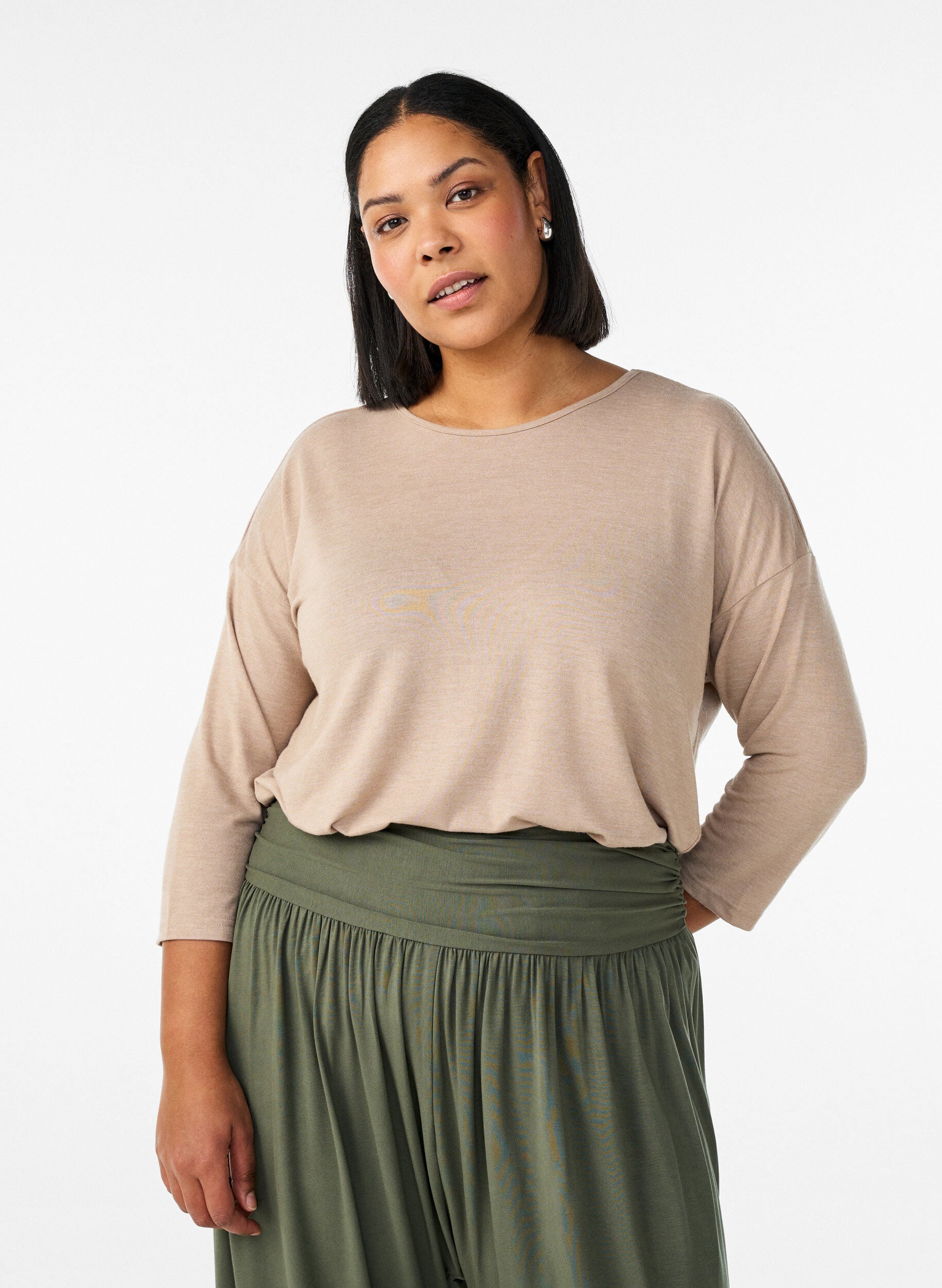Jersey blouse with 3/4 sleeves, Beige, Model