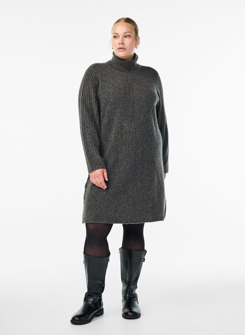 Short knitted dress with a turtleneck and ribbed texture, Dark Grey, Model image number 1