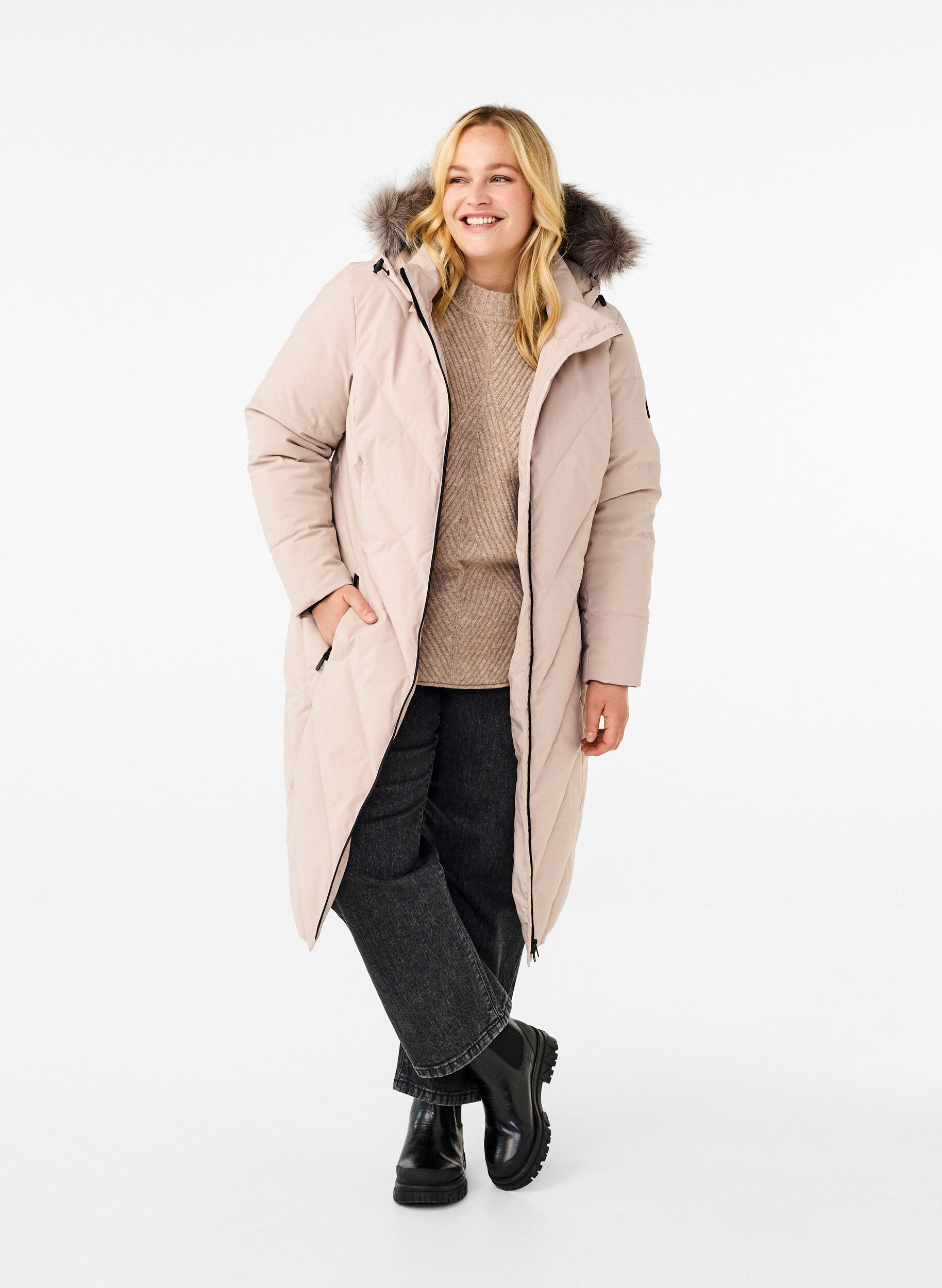 Zizzifashion Long winter coat with hook fastenings and a faux fur collar, Beige, Model image number 1