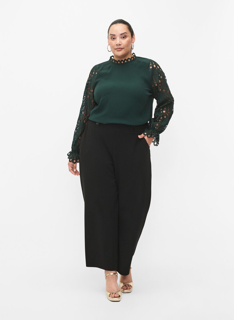 Viscose blouse with crochet sleeves, Scarab, Model image number 2