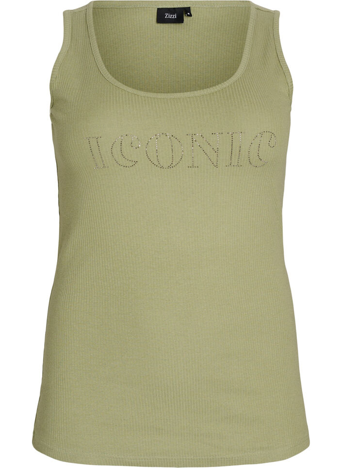 Slim-fit tank top with rhinestones, Green, Packshot image number 0