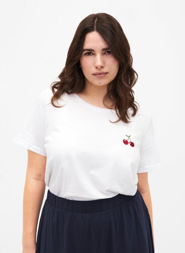 Cotton t-shirt with embroidered cherry, B.White CherryEMB., Model image number 0