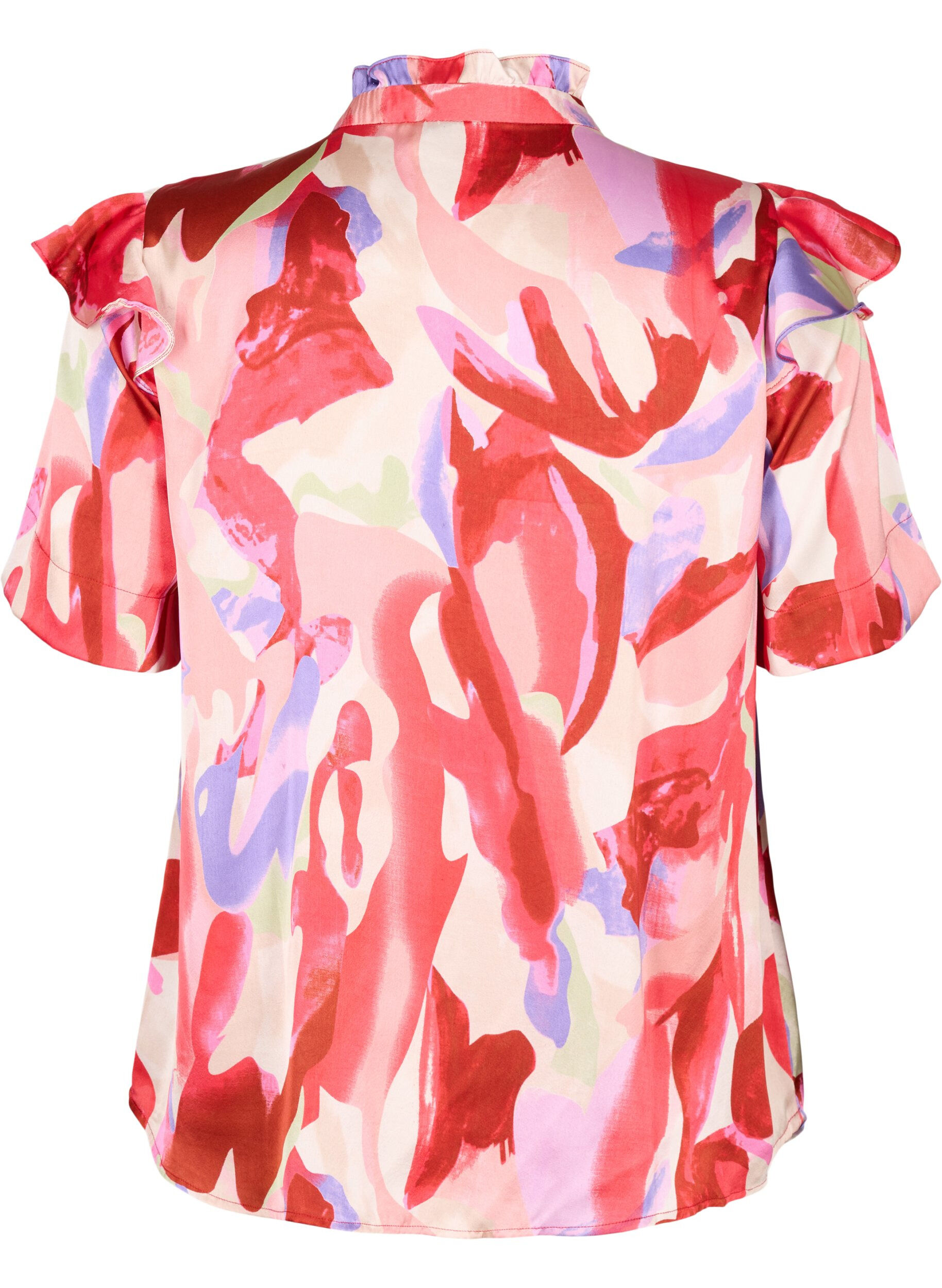 Zizzifashion Satin shirt blouse with print and ruffle details, Geranium Graphic AOP, Packshot image number 1