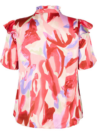 Satin shirt blouse with print and ruffle details, Geranium Graphic AOP, Packshot image number 1