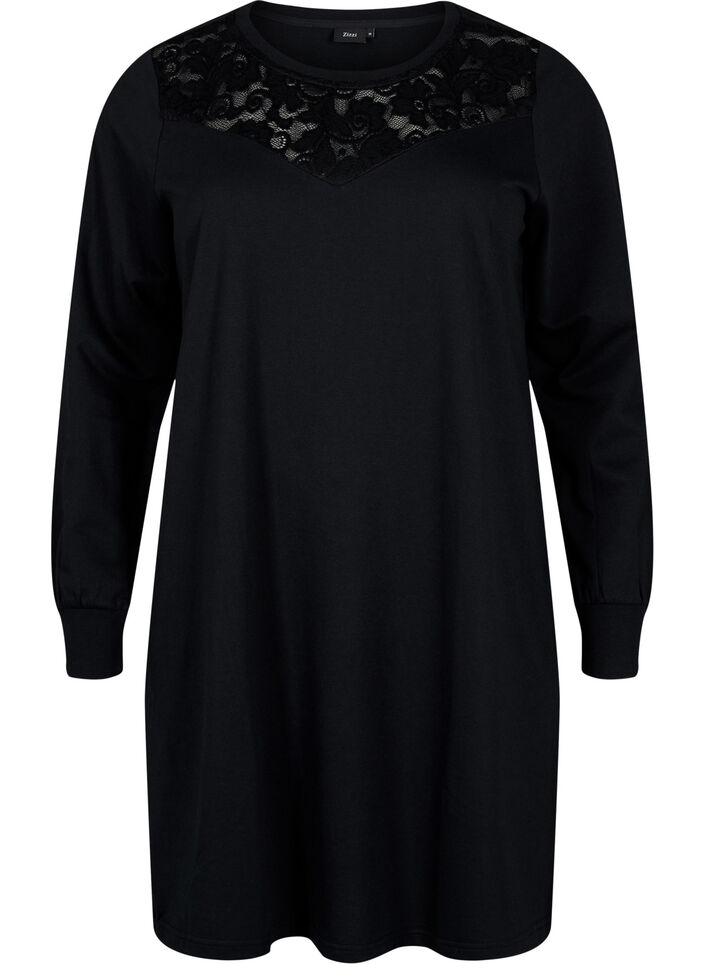 Short sweat dress with lace detail, Black, Packshot image number 0