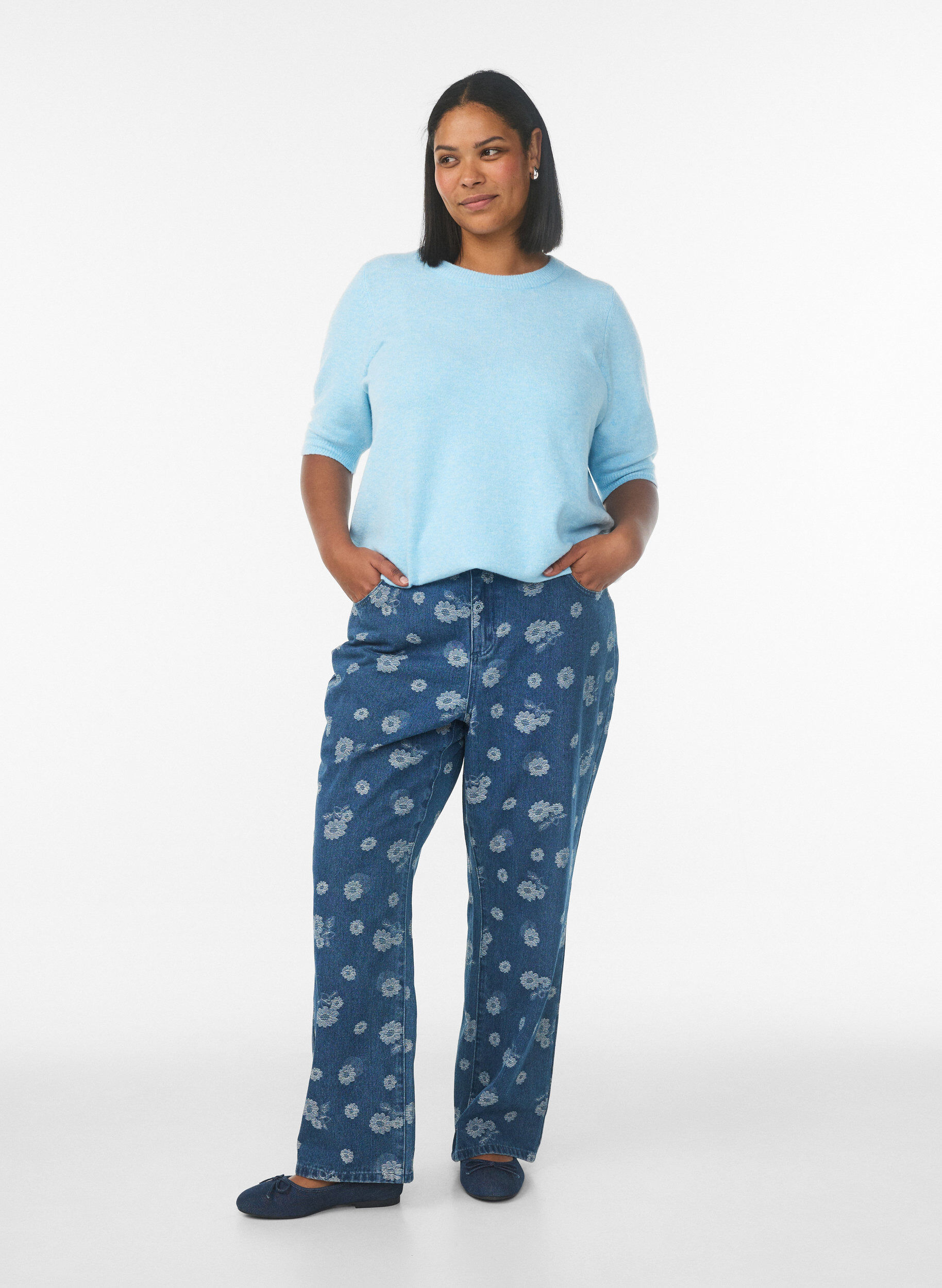 Zizzifashion Knitted blouse with short sleeves, Light Blue, Model image number 1