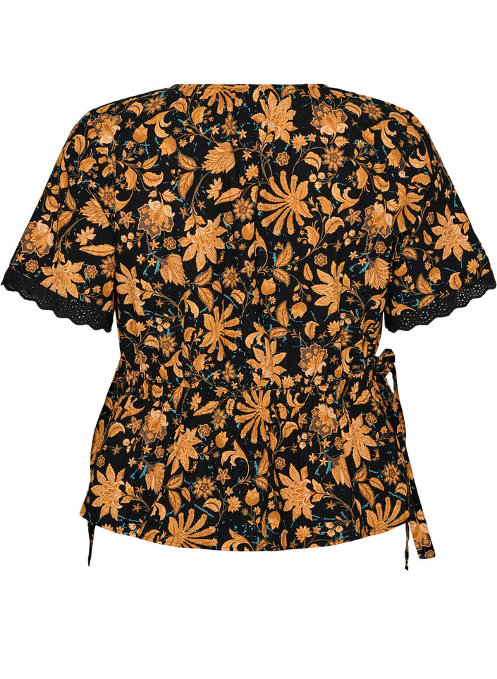 Floral cotton blouse with tie-fastening, Orange, Packshot image number 1