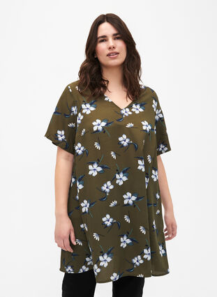 FLASH - Tunic with v neck and print, Olive Night Flower, Model image number 0