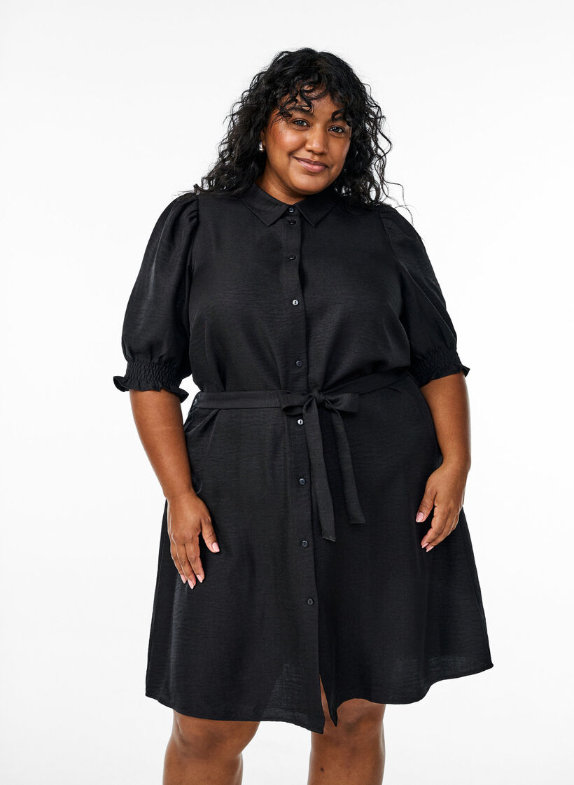 Knee-length shirt dress with tie belt, Black, Model image number 1
