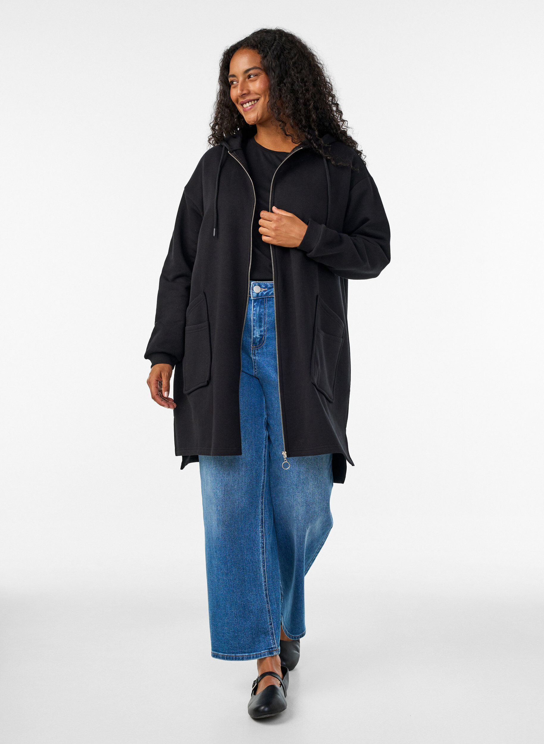 ZizzifashionLong hooded cardigan with zipper, Black, Model image number 1