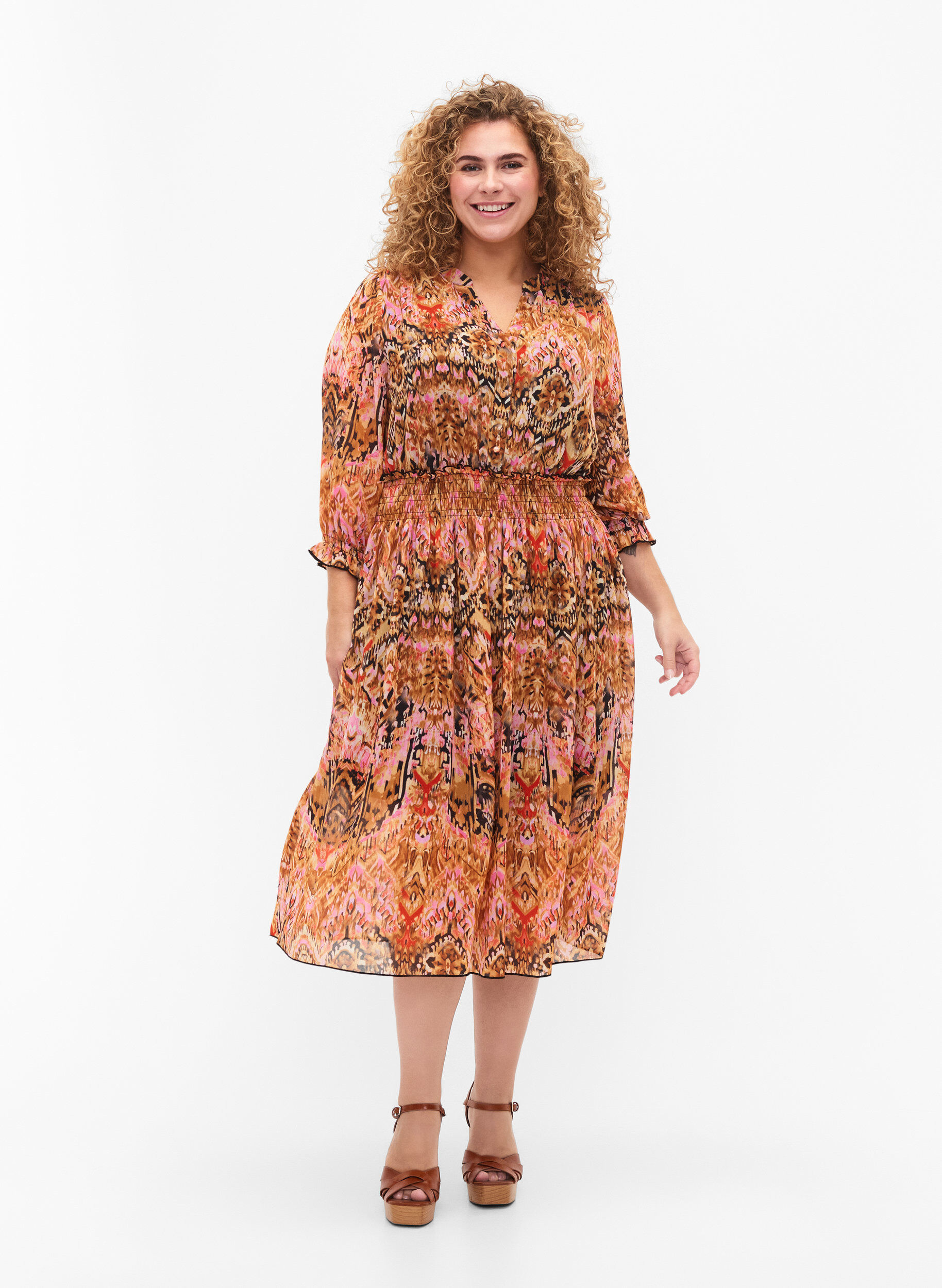 Zizzifashion Printed midi dress with smock and 3/4 sleeves, Colorful Ethnic, Model image number 2