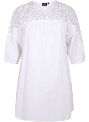 Dress in a cotton blend with linen and crochet detail, Bright White, Packshot image number 0