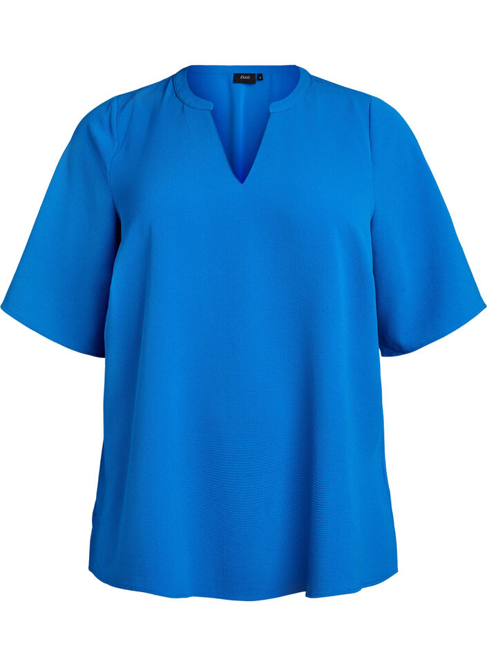 Short-sleeved blouse with V-neck, Blue, Packshot image number 0