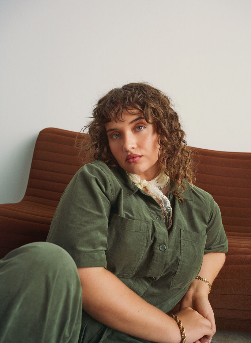 Corduroy jumpsuit with straight legs, Green, Image image number 0