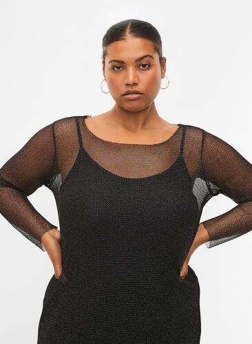 Net dress with long sleeves, Black w. Silver, Model image number 3