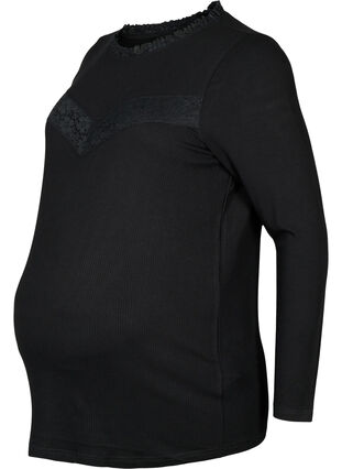 Maternity blouse with lace and long sleeves, Black, Packshot image number 0