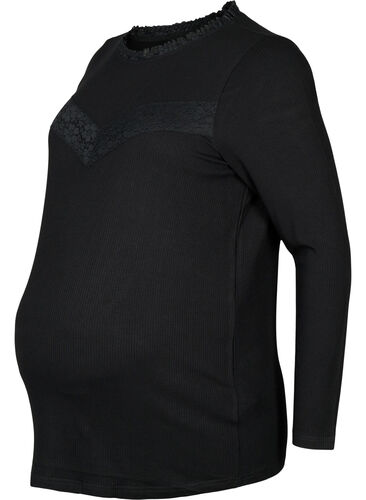 Pregnancy blouse with lace and long sleeves, Black, Packshot image number 0