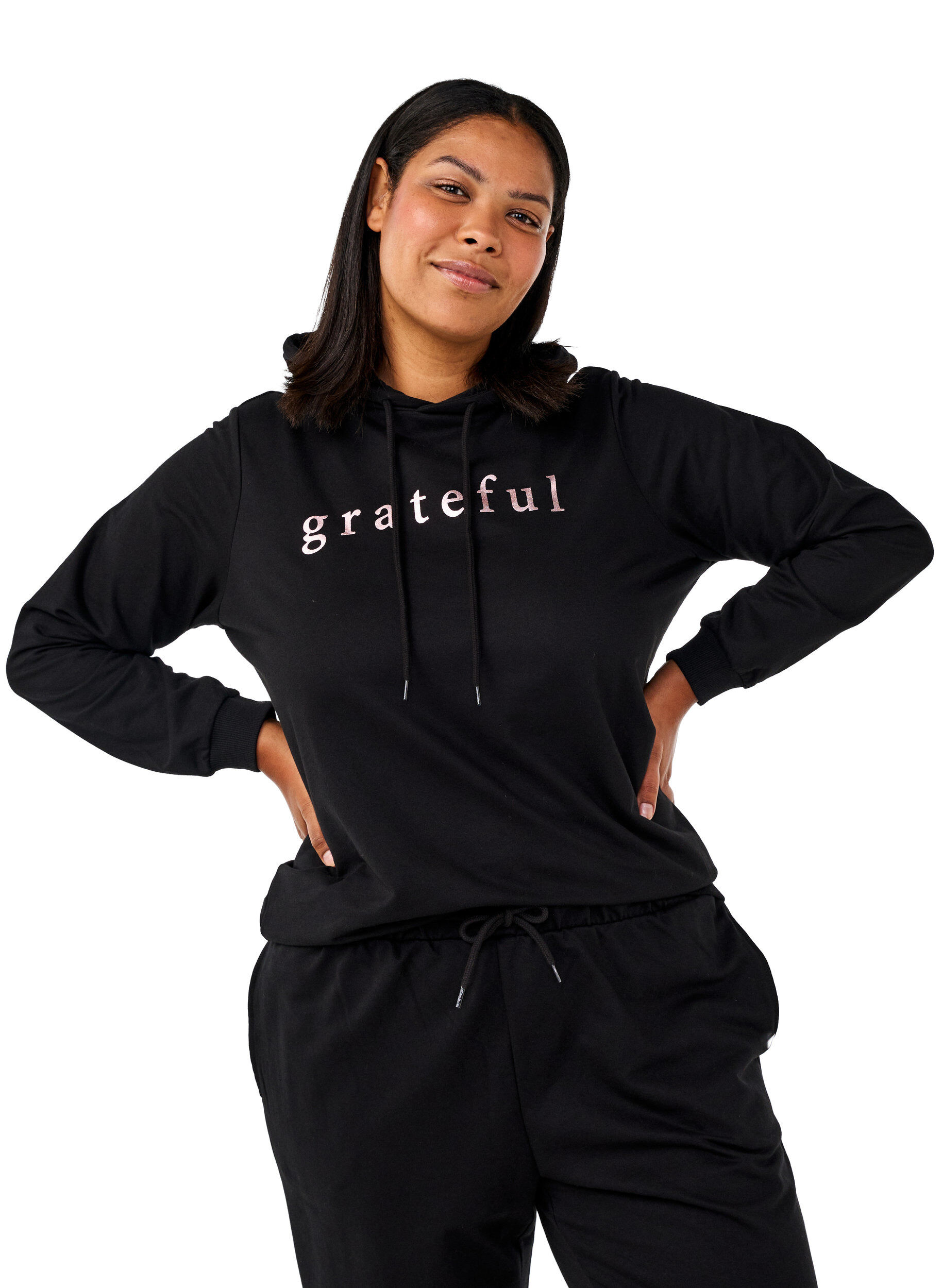 ZizzifashionSweatshirt with hood and print, Black, Model image number 0