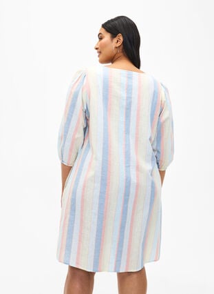 Cotton blend short dress with linen, Multi Color Stripe, Model image number 1