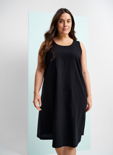 Sleeveless cotton dress with A-line cut, Black, Image image number 1