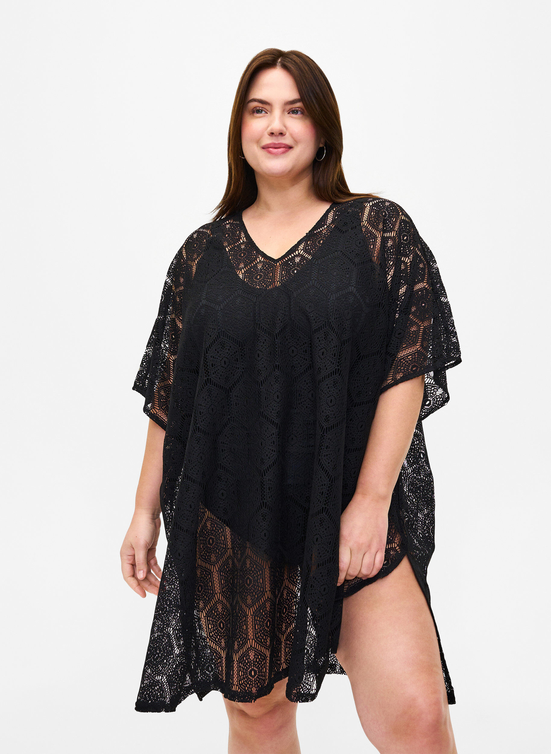 Zizzifashion Kaftan beach dress with hole pattern, Black, Model image number 0