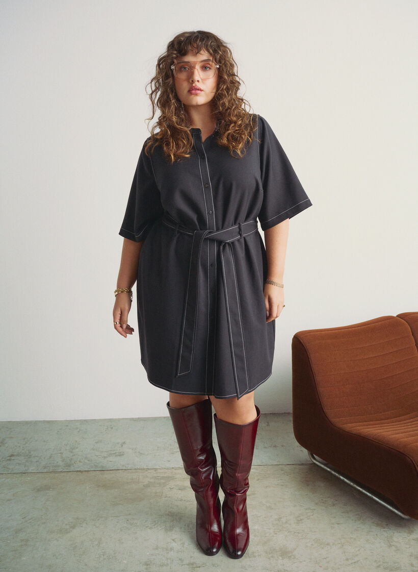 Short shirt dress with contrast stitching and tie belt, Black, Image image number 0