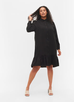 Viscose shirtdress with ruffle edge, Black, Model image number 2