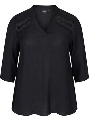 Viscose blouse with 3/4 sleeves and lace details, Black, Packshot image number 0