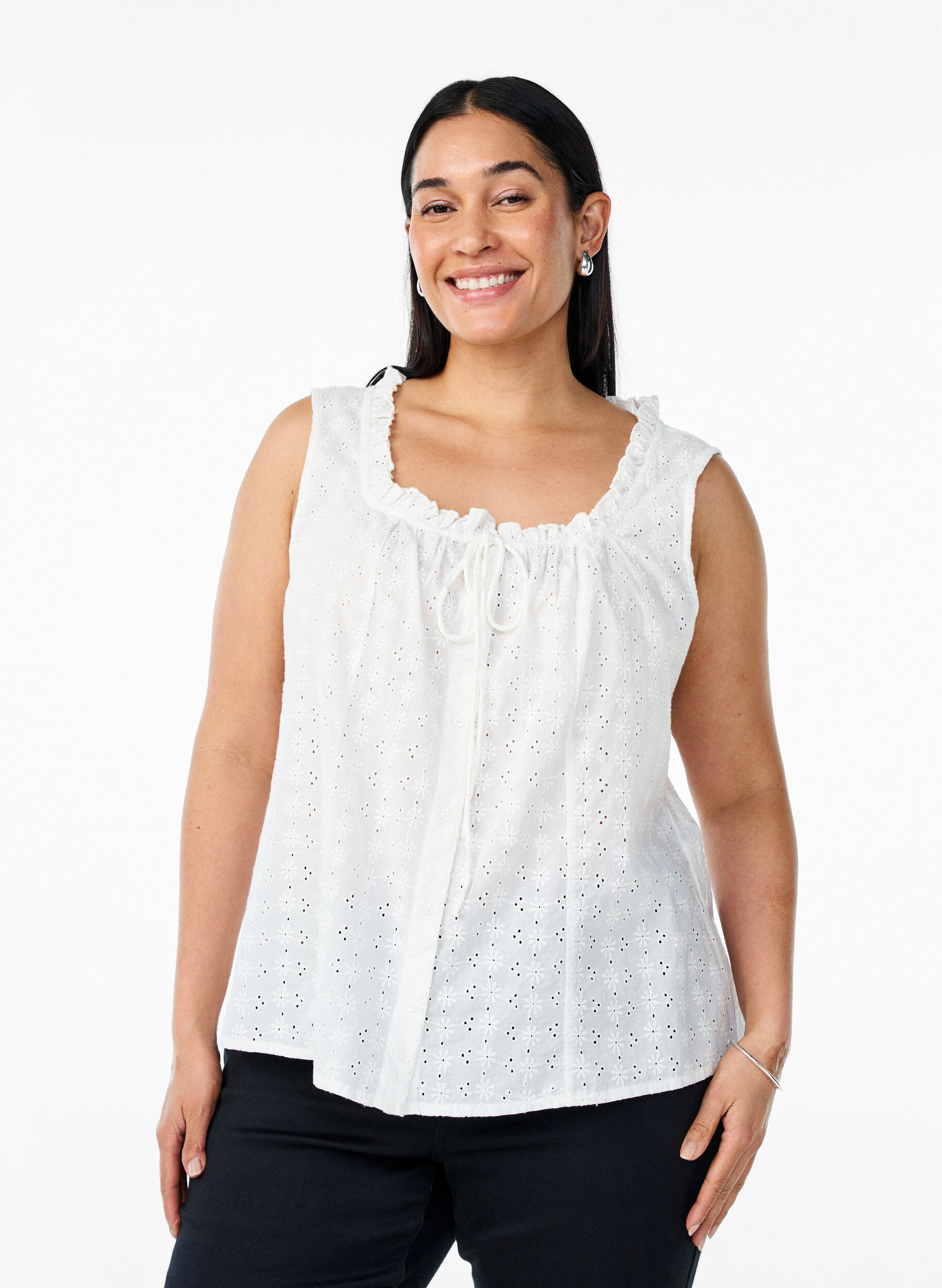 Zizzifashion Sleeveless blouse with broderie anglaise and ruffles, Vanilla, Model image number 0
