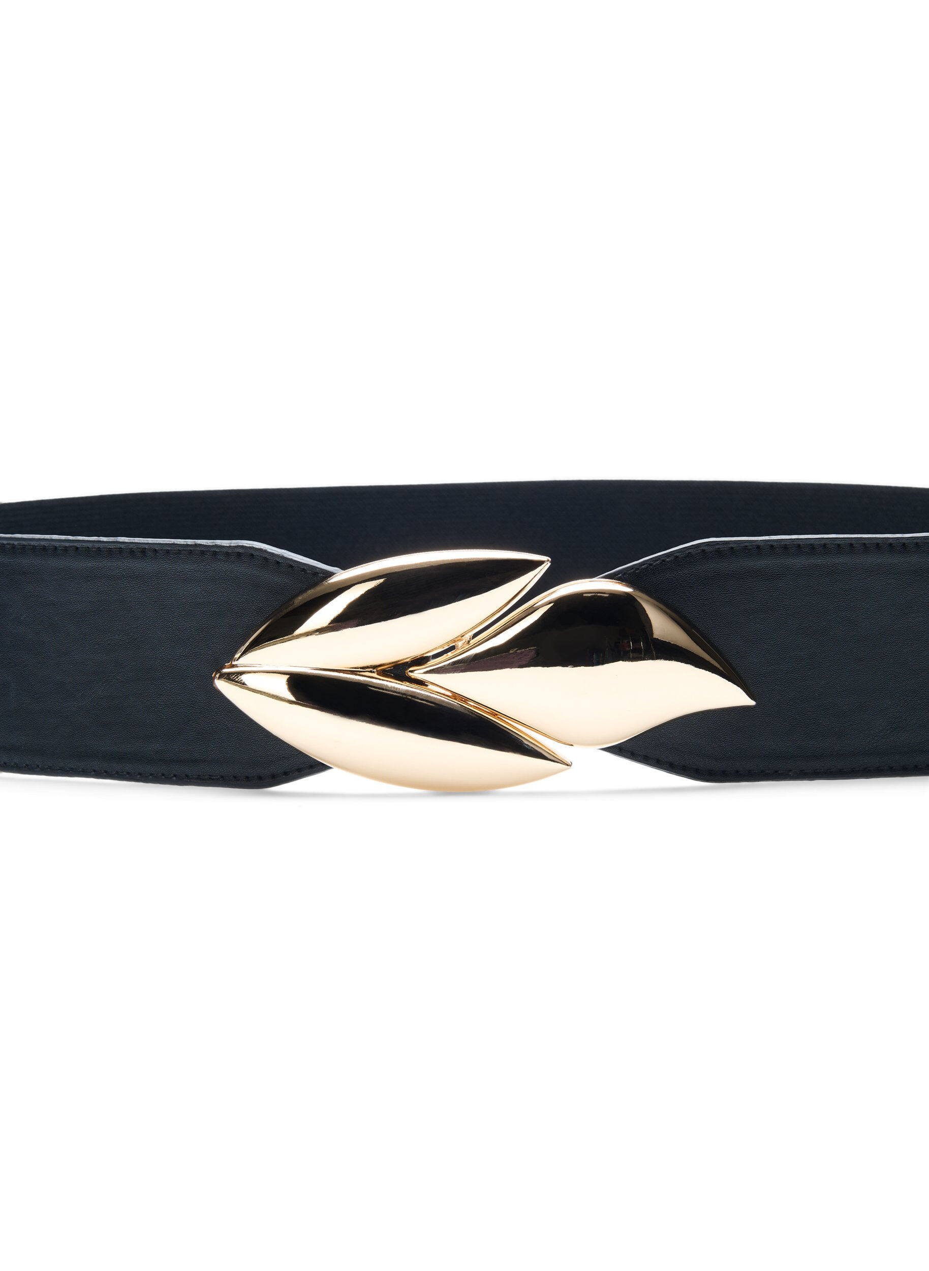 Zizzifashion Elastic waist belt with gold coloured buckle, Black w. Gold Buckle, Packshot image number 1