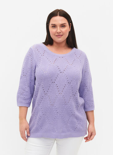 	 Knitted jumper with 3/4 sleeves and lace pattern, Lavender, Model image number 0