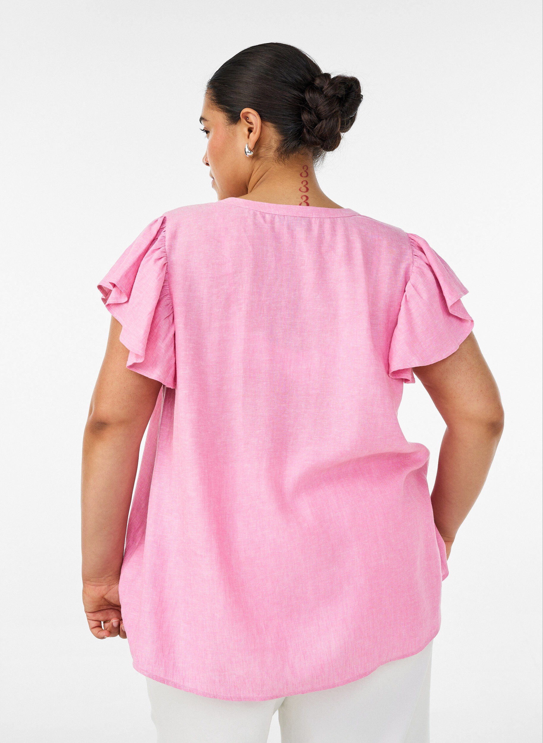 ZizzifashionViscose and linen blouse with ruffle sleeves, Pink, Model image number 2