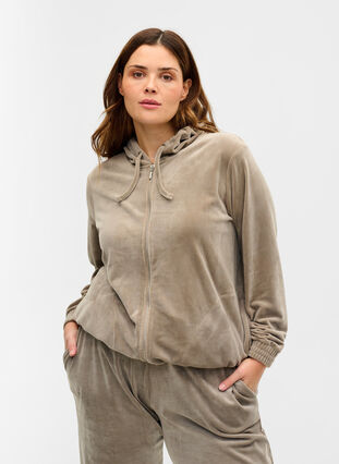 Velour cardigan with zip and hood, Taupe Gray, Model image number 0