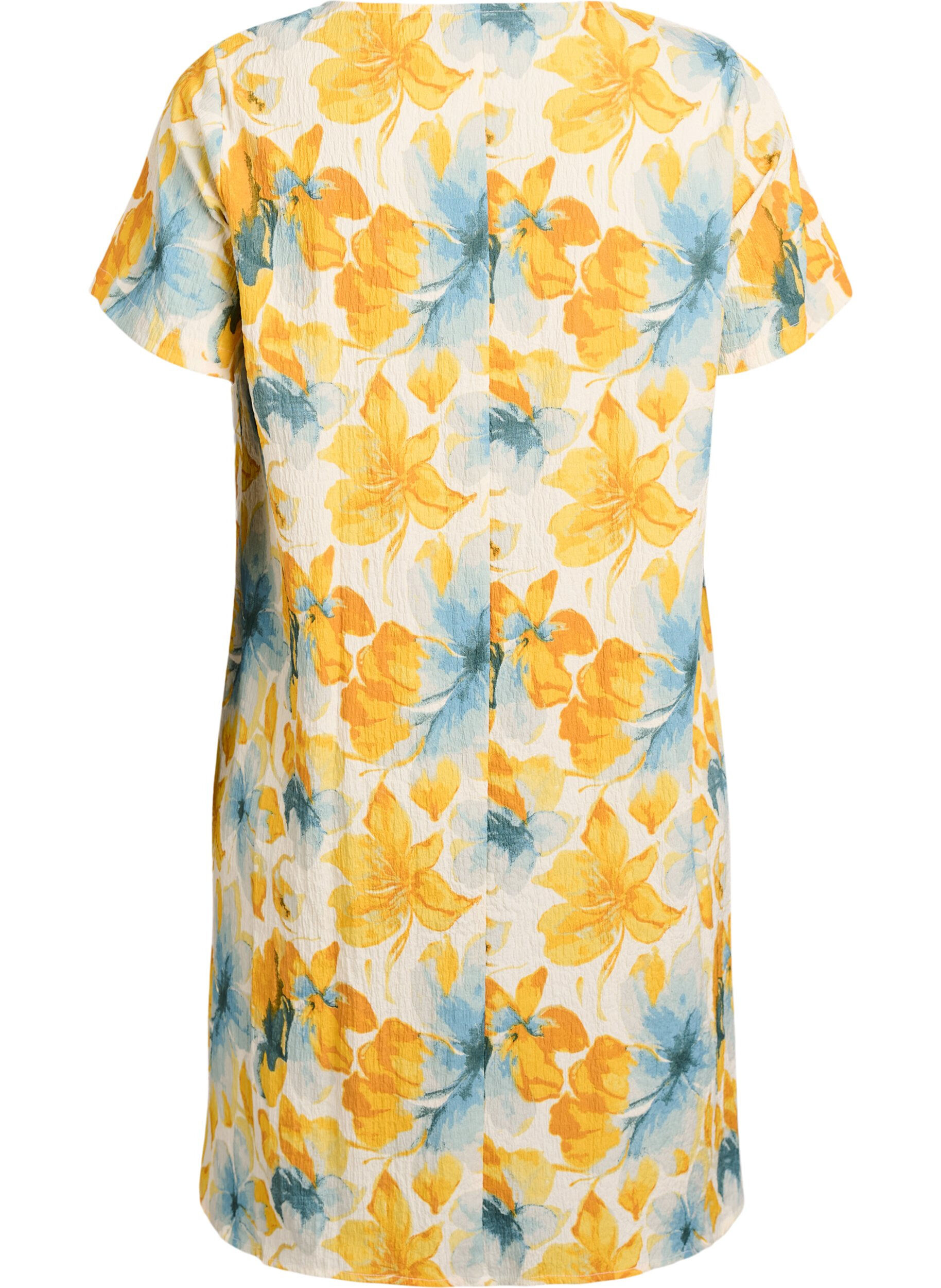 ZizzifashionShort dress with a crinkled texture and short sleeves, Yellow, Packshot image number 1