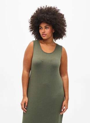 Sleeveless ribbed dress in viscose, Thyme, Model image number 2