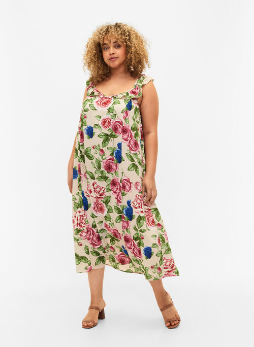 Floral midi dress with ruffles, Bright Flower , Model