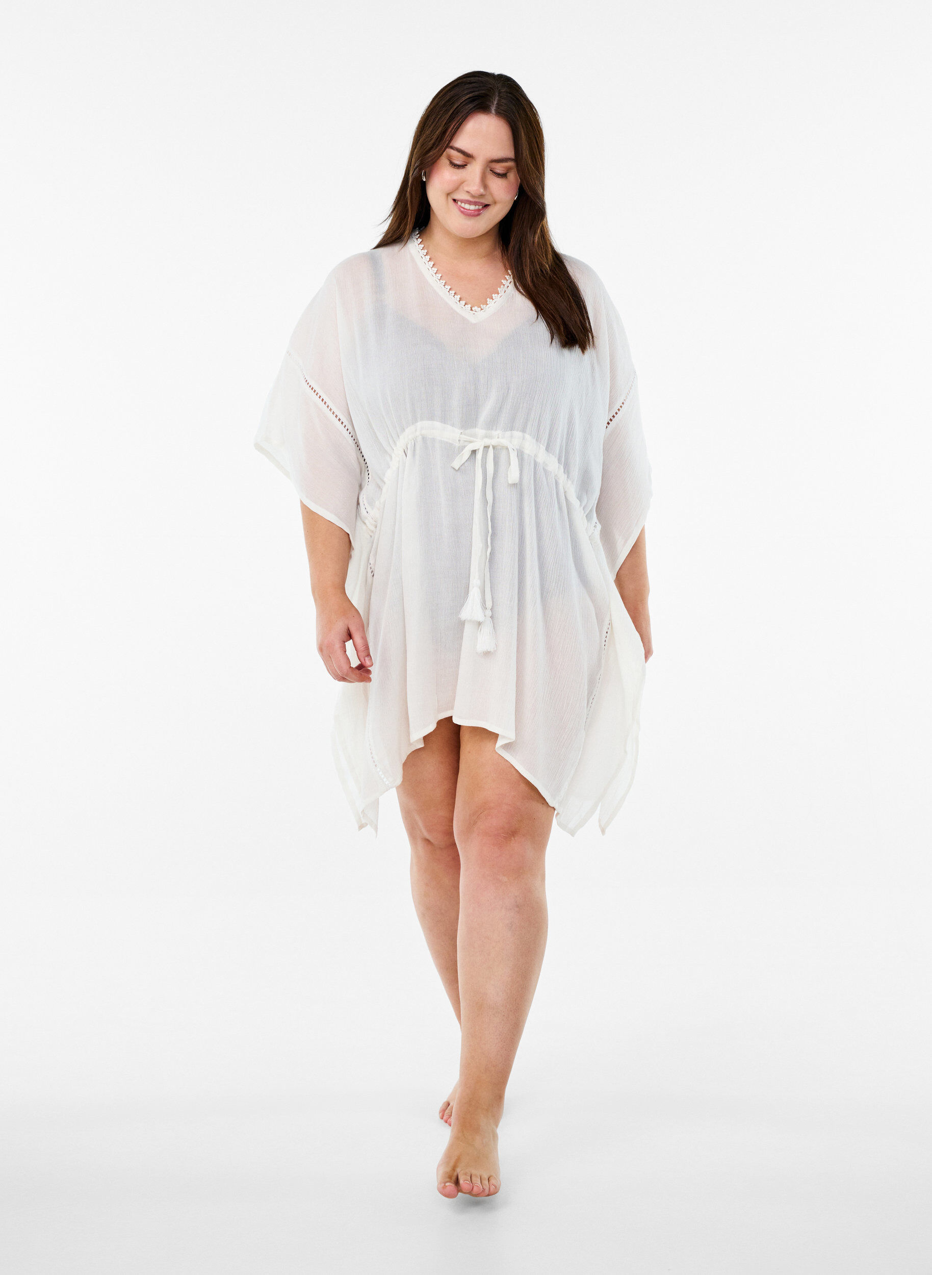 Zizzifashion Beach poncho with tie belt, White, Model image number 1