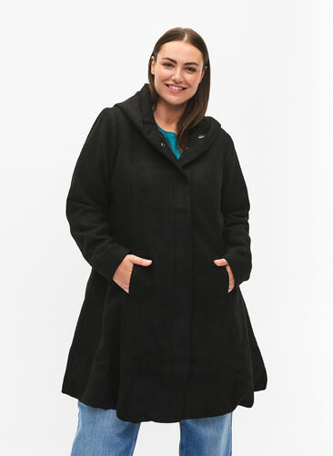A-line coat with hood, Black, Model image number 0