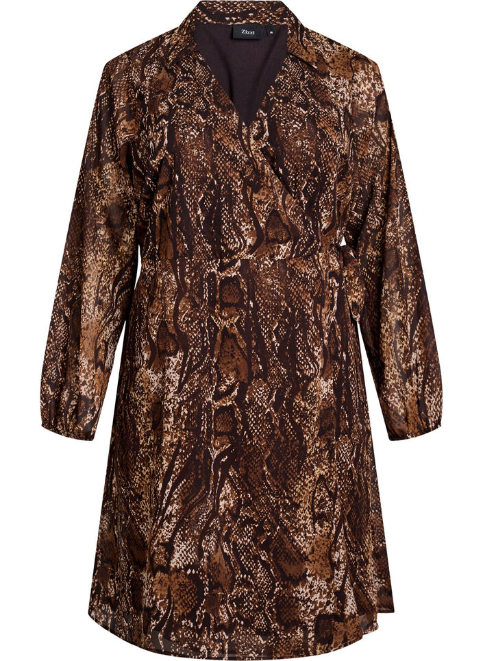 Knee-length wrap dress with animal print, Brown, Packshot image number 0