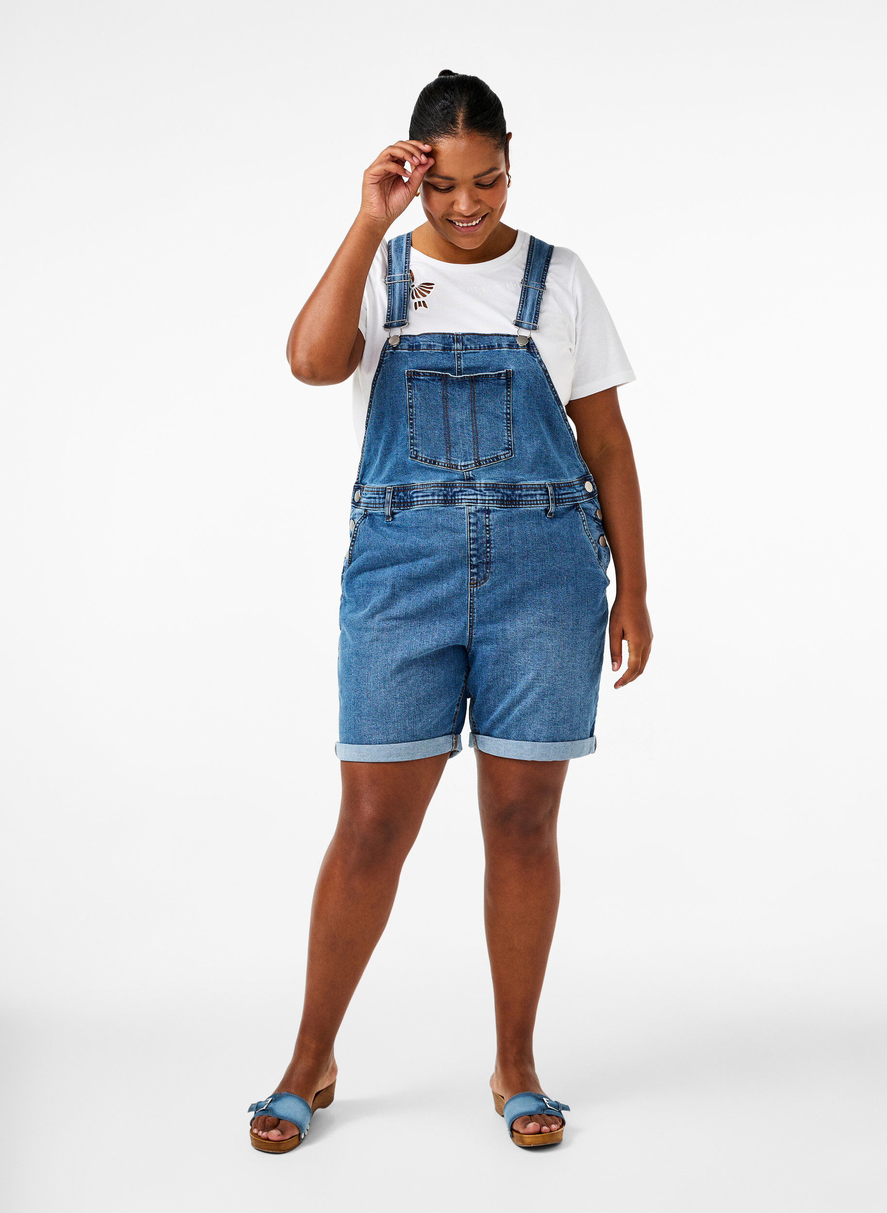 Zizzifashion Denim overalls shorts, Light Blue, Model image number 1