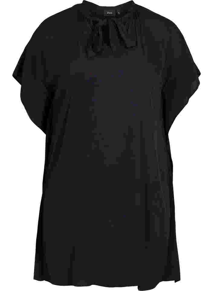 Short-sleeved viscose top with tie detail, Black, Packshot image number 0