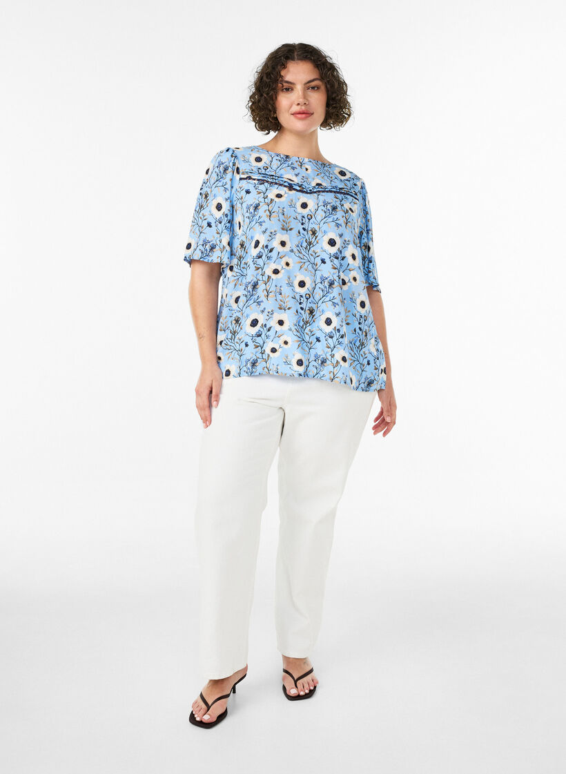 Floral blouse with short sleeves, Blue, Model image number 1