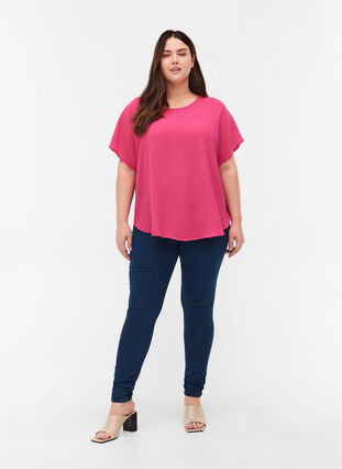 Blouse with short sleeves and a round neckline, Fuchsia Purple, Model image number 2