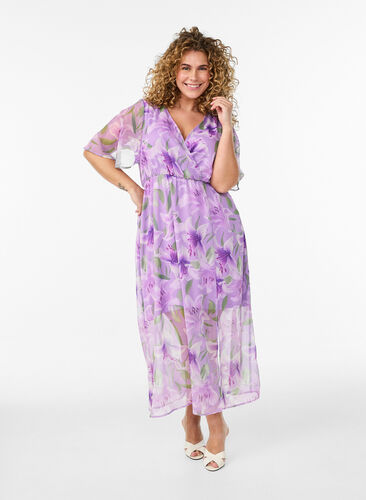 purple floral chiffon dress MissJophiel Long Sleeves V Neck Floral Chiffon Purple Mini Dress Wedding Guest Evening Gown Purple / Above Knee / US20W