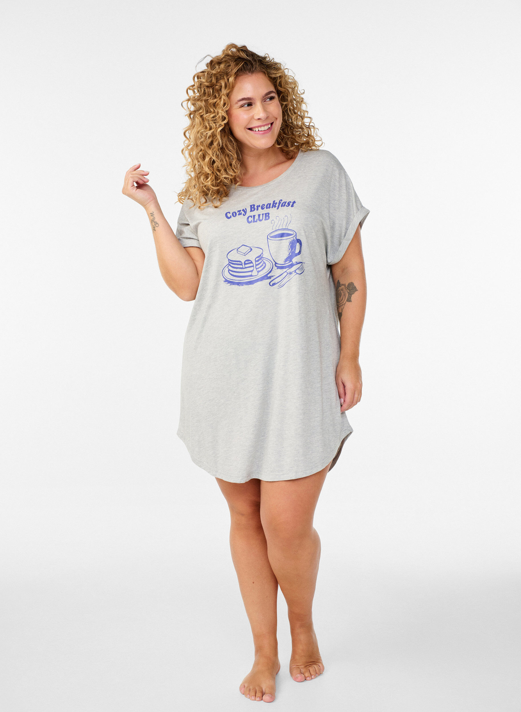 ZizzifashionShort sleeve nightgown with text print, Grey, Model image number 1