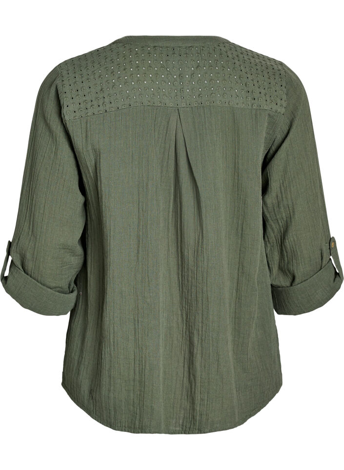 Blouse in cotton muslin with broderie anglaise, Green, Packshot image number 1