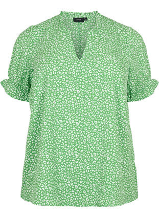Short-sleeved blouse with print (GRS), Green Ditsy, Packshot image number 0